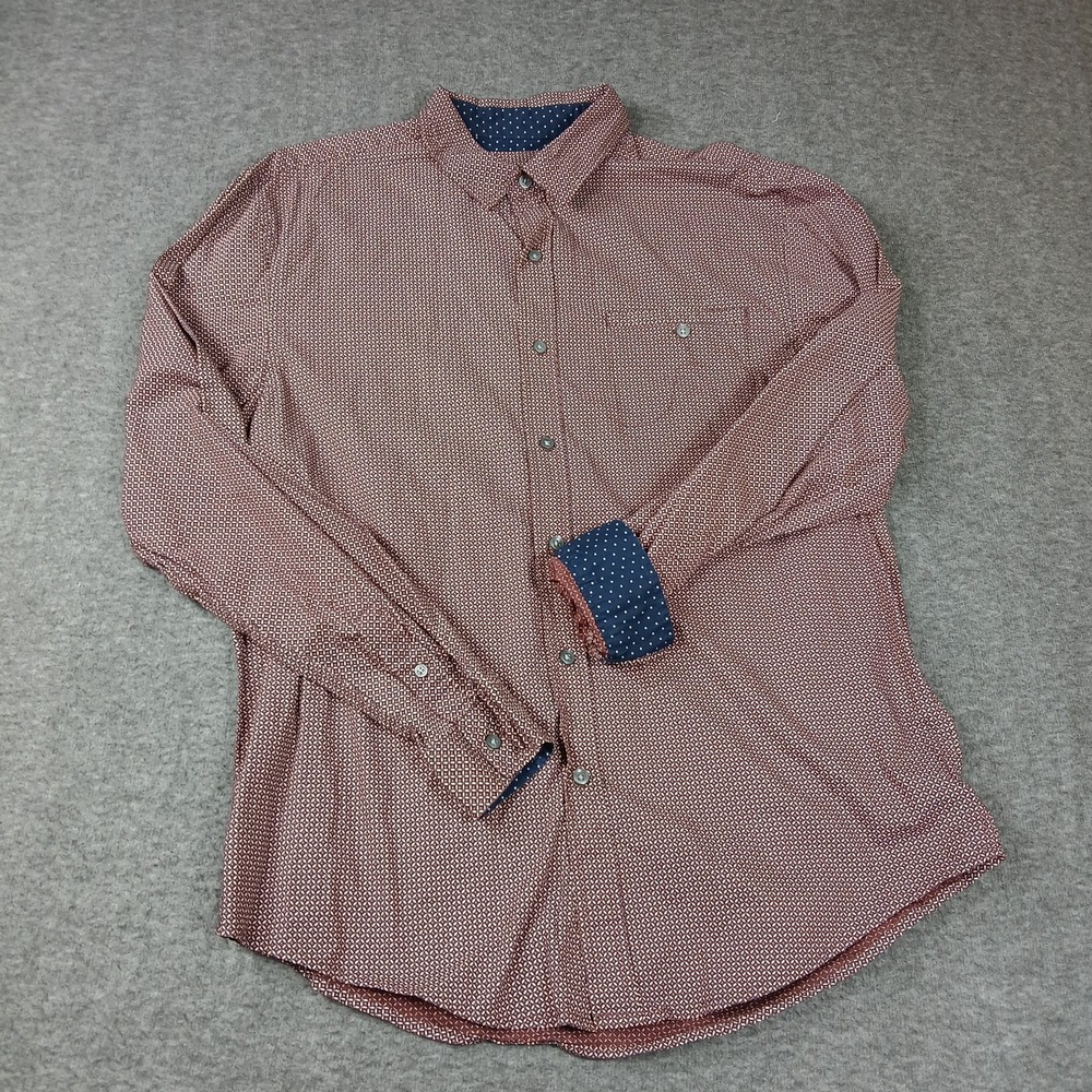 Men's Bruno Long Sleeve Shirt Size Large Brick Red Geometric Pattern 100% Cotton